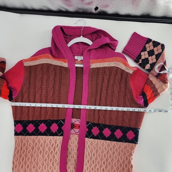 Fate Fair Isle Argyle Open Front Hooded Cardigan Sweater Large - Picture 6 of 11